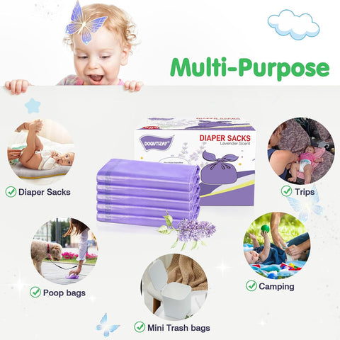 Baby Disposable Diaper Bags Easy-To-Tie Tabs Diaper Sacks with Lavender Scented Diaper Disposal or Pet Waste Bags (500 Count)