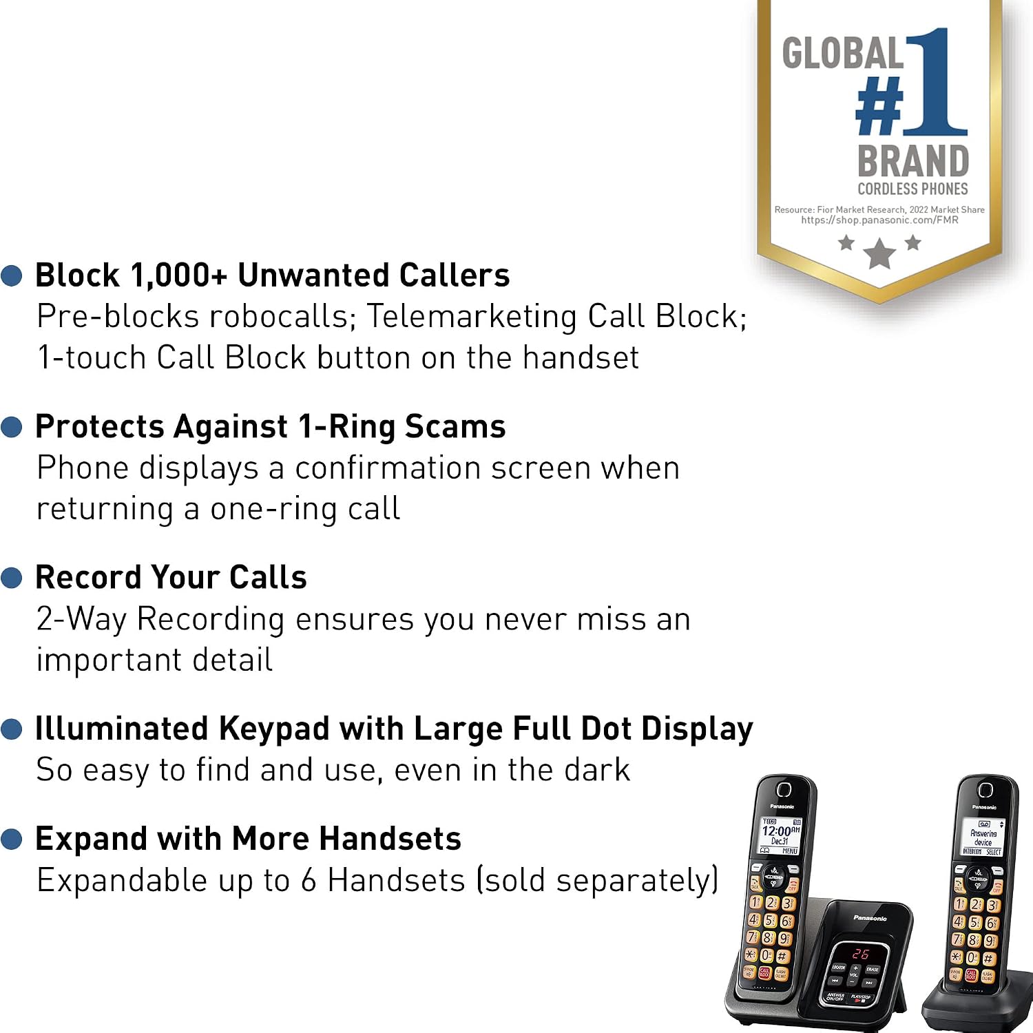 Panasonic Cordless Phone with Answering Machine, Advanced Call Block, Bilingual Caller ID and High-Contrast Display, Expandable System with 2 Handset Cordless Telephones - KX-TGD832M (Metallic Black)