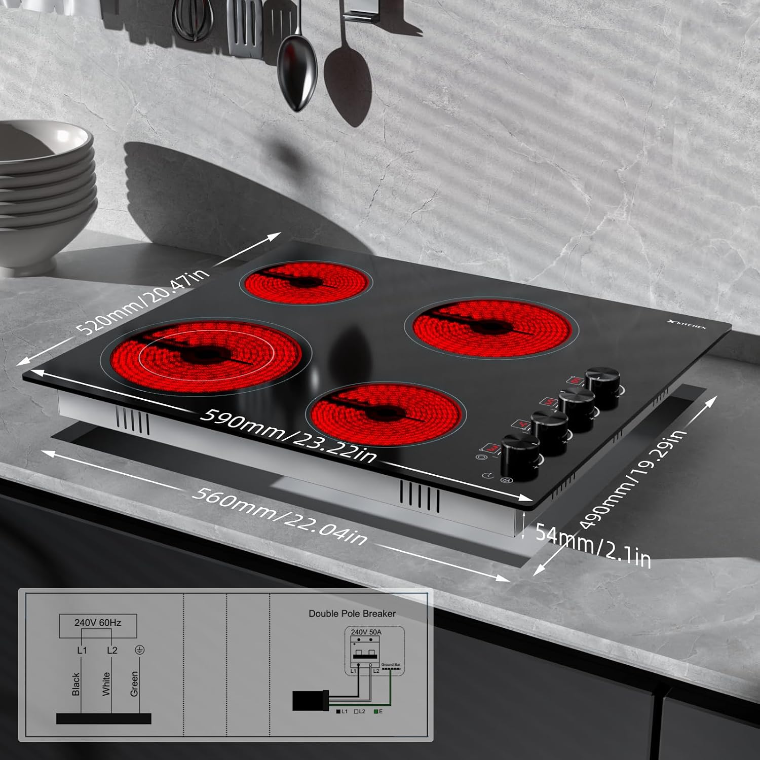 Electric Cooktop 24 inch Ceramic Stove 4 Burners Built-in 220-240V, no Plug