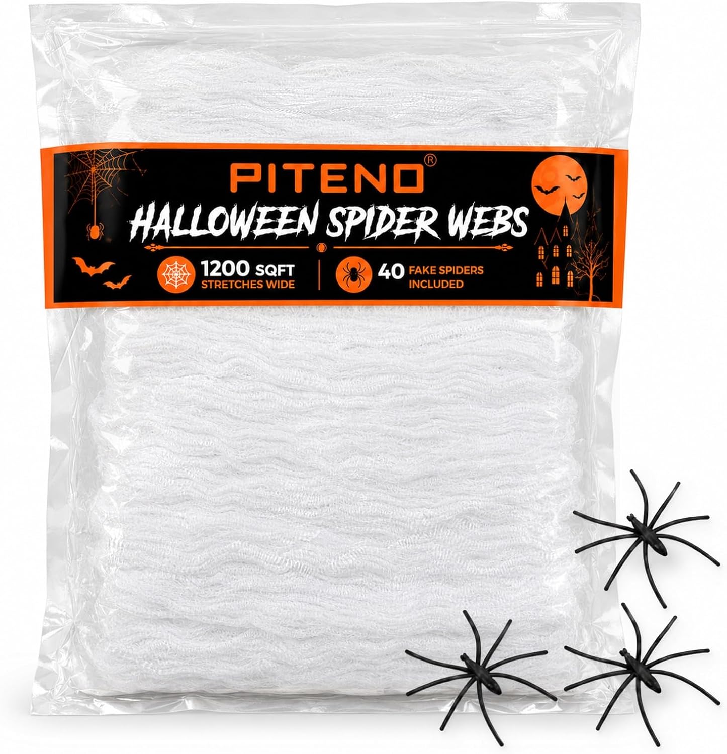 Piteno® 1200 sqft Spider Webs Halloween Decorations with 40 Fake Spiders, Stretchable Halloween Spider Webs for Indoor Outdoor Haunted House Yard Porch Party Decor (White)