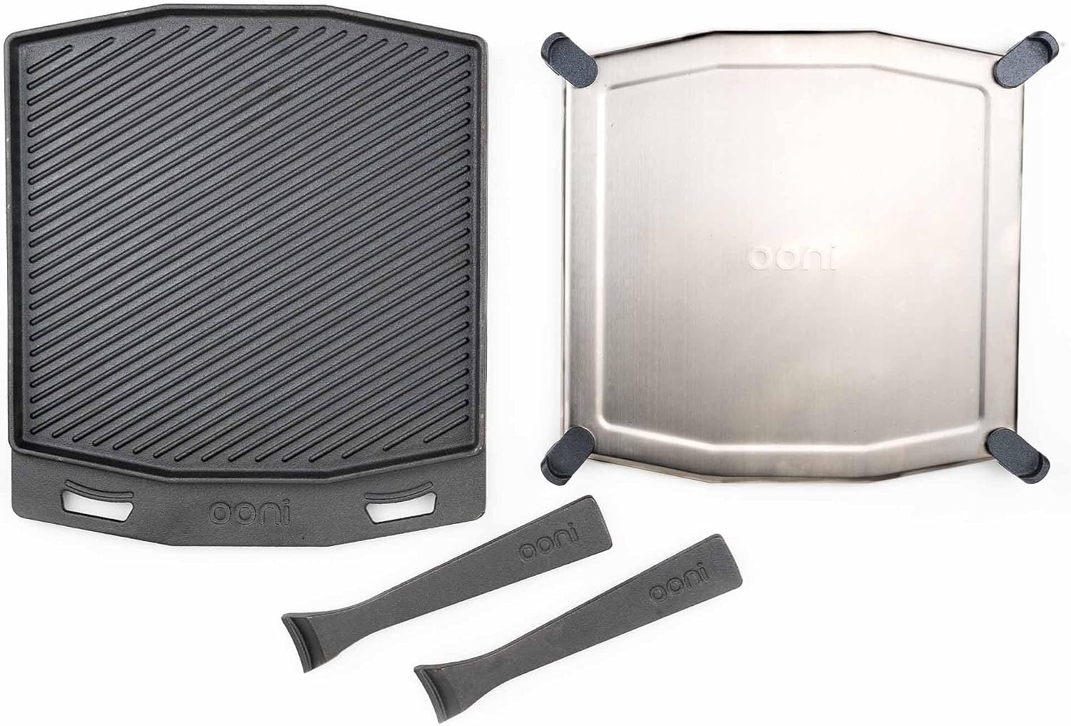 ooni Cast Iron Dual-Sided Grizzler Plate - 13.6" x 12.5" Reversible Griddle with Removable Handle and Stainless Steel Trivet, Pre-Seasoned Non-Stick Oven Safe Cookware, Pizza Oven and BBQ Accessories