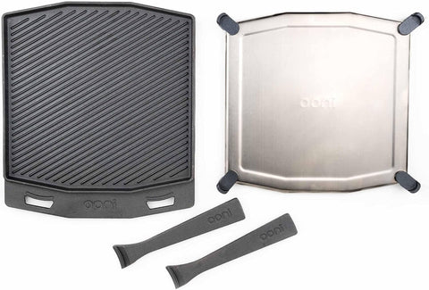 ooni Cast Iron Dual-Sided Grizzler Plate - 13.6" x 12.5" Reversible Griddle with Removable Handle and Stainless Steel Trivet, Pre-Seasoned Non-Stick Oven Safe Cookware, Pizza Oven and BBQ Accessories