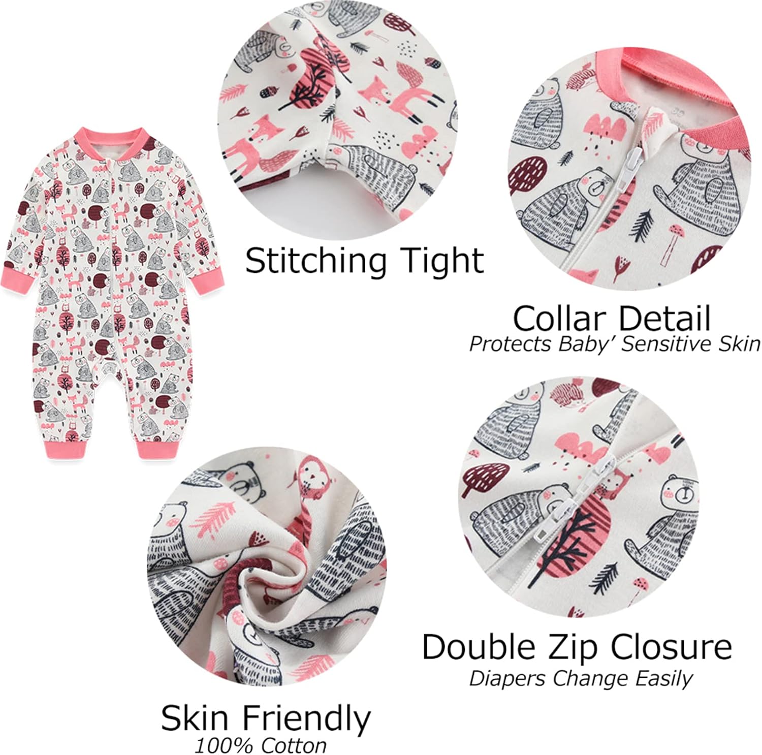 MAMIMAKA Newborn Baby 2-way Zipper Romper Cotton One-piece Jumsuit 3-pack, 0-24 Months
