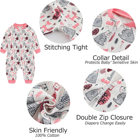 MAMIMAKA Newborn Baby 2-way Zipper Romper Cotton One-piece Jumsuit 3-pack, 0-24 Months