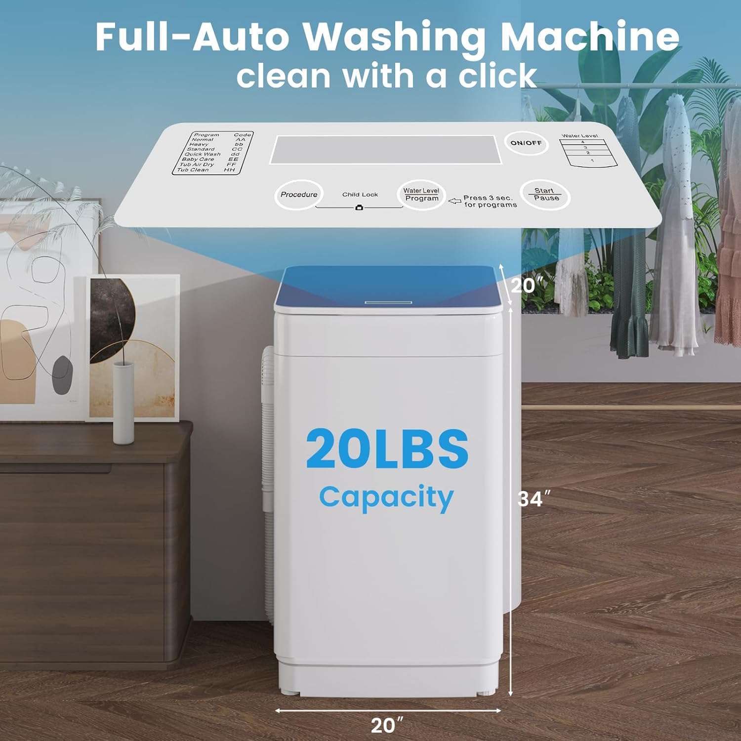 Portable Washer and Dryer Combo Set, 20Lbs Full-Automatic Washing Machine and 2.6 Cu.Ft Portable Clothes Dryer with 7 Wash Programs, 6 Dry Modes, Compact Washer and Dryer for Apt, Dorm, Home
