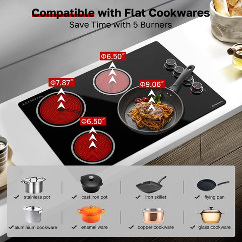 ThermoMate 30 Inch Electric Cooktop, 4 Burners Knob Control Built-in Ceramic Cooktop, 30" Radiant Electric Stove Top of 6700W with 9 Heat Levels, Hot Surface Indicator, 220-240v, Hard Wired