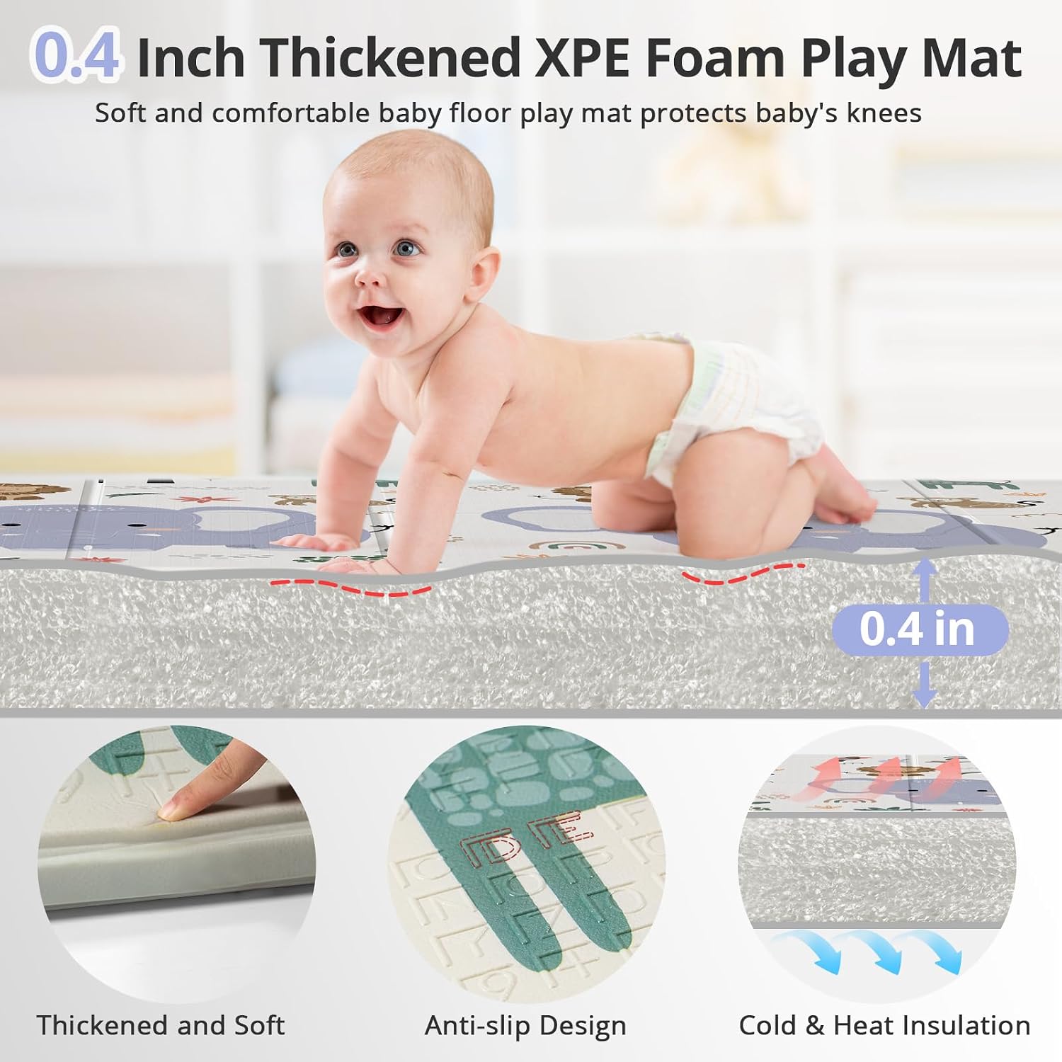 NOONKTY 79x71 Extra Large Baby Play Mat for Floor, Foldable Foam Playmat for Babies 0-12 Months & Kids, Non-Toxic Waterproof Baby Mat, Thick Playpen Mat for Tummy Time Crawling, Elephant
