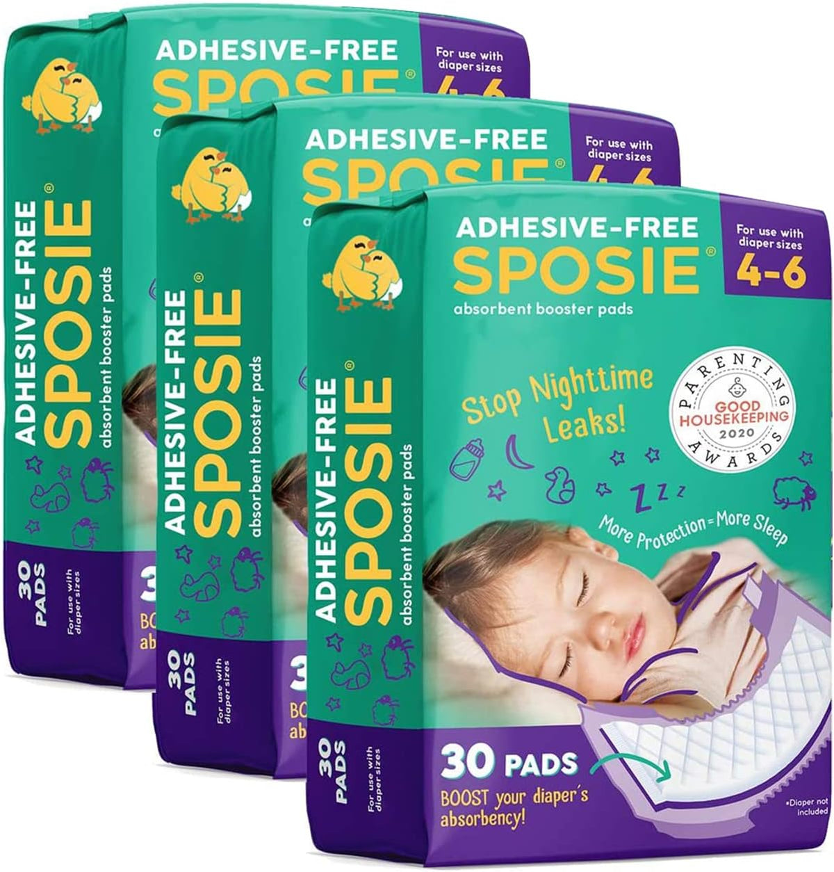 Sposie Overnight Diaper Booster Pads, Stop Diaper Leaks, Size 4-6, 90 Ct