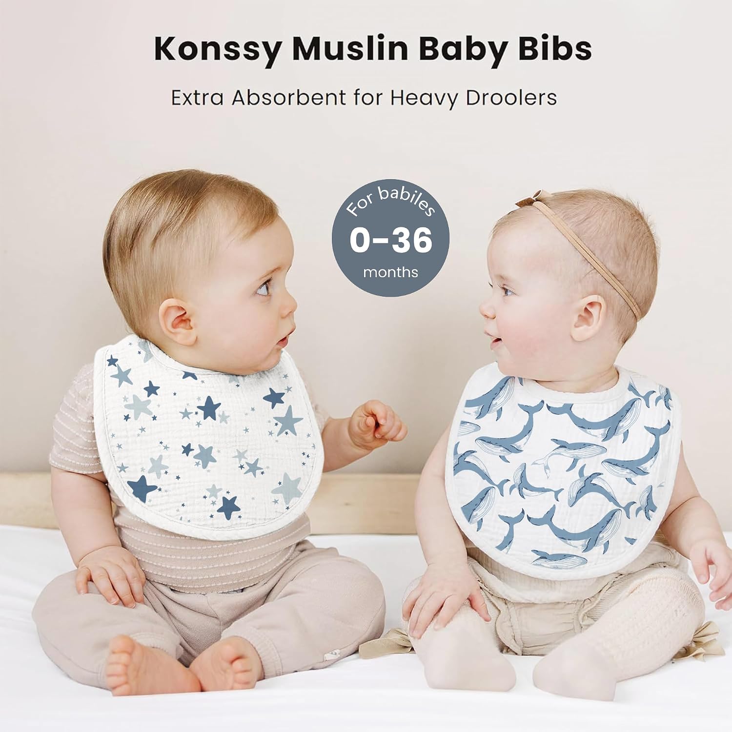 Konssy 8-Pack Muslin Baby Bibs, Adjustable Fit for Drooling and Teething