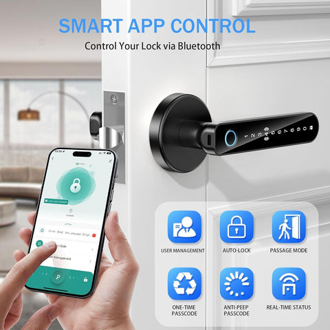 Fingerprint Door Lock - Smart Door Handle with Keypad, Biometric Door Knob for Bedroom, Home Office