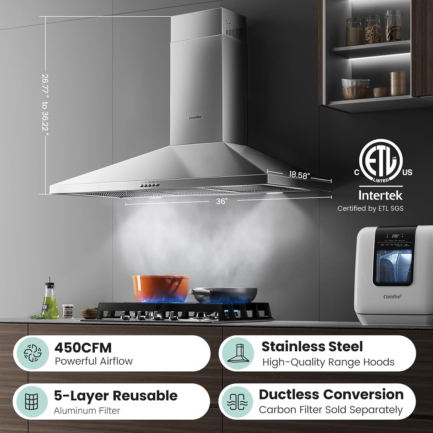 COMEEE CVP36W6AST 36 Inch Ducted Pyramid Range 450 CFM Stainless Steel Wall Mount Vent Hood with 3 Speed Exhaust Fan, 5-Layer Aluminum Permanent Filters, Two LED Lights, Convertible to Ductless