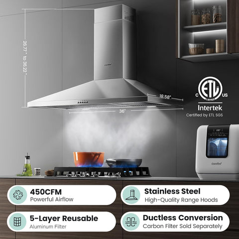 COMEEE CVP36W6AST 36 Inch Ducted Pyramid Range 450 CFM Stainless Steel Wall Mount Vent Hood with 3 Speed Exhaust Fan, 5-Layer Aluminum Permanent Filters, Two LED Lights, Convertible to Ductless