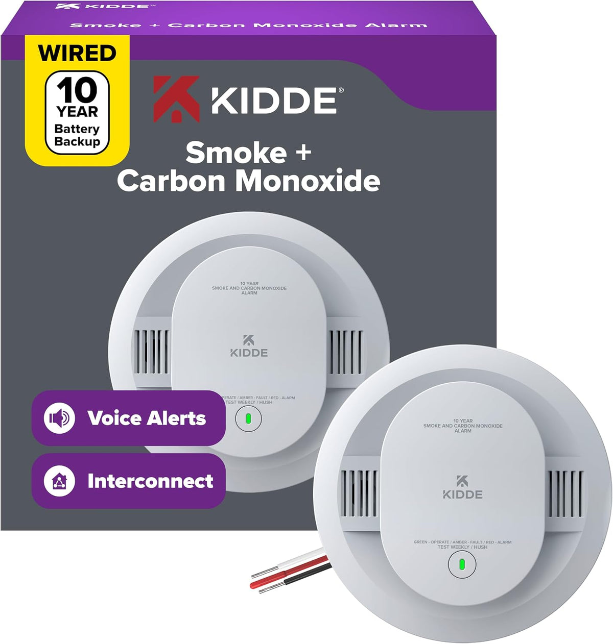 Kidde Smoke and Carbon Monoxide Detector, Hardwired with 10-Year Battery Backup, Voice Alerts, LED, 85 dB, 30CUA10-V, 1 Pack