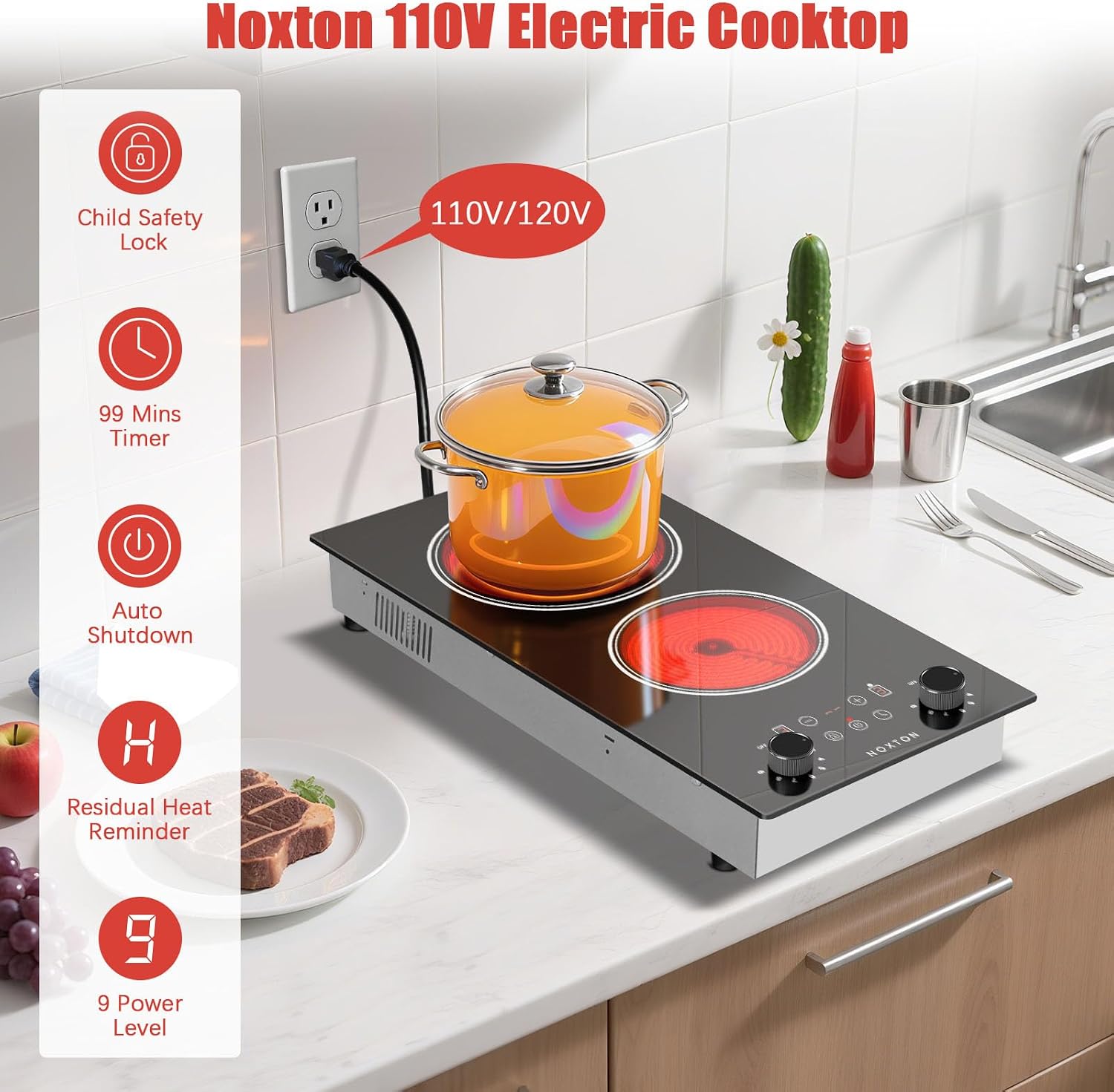 Noxton 2 Burners Electric Cooktop 110V, 12 Inch Radiant Ceramic Stove(BW)