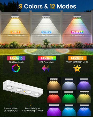 JOFIOS Fence Lights Solar Powered, 9 Fixed Colors ＆ Color Changing White Fence Lights Waterproof IP65 Dusk-to-Dawn LED Deck Lighting for Patio, Railing, Pool, Porch, Backyard, Wall, 12 Pack