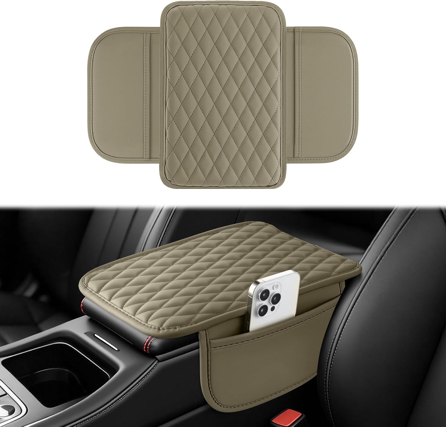 Amiss Car Center Console Cover, Upgraded Leather Car Armrest Cushion, Universal Waterproof Cushion Pad, Non-Slip Car Interior Accessories, Fits Most Sedans SUVs Trucks (Gray)