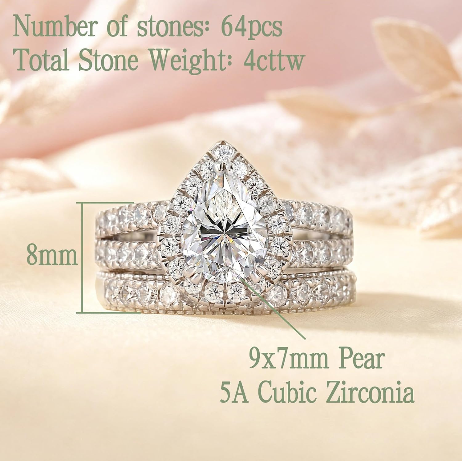 Wuziwen 4CT Sterling Silver Pear Shaped Wedding Ring Sets for Women