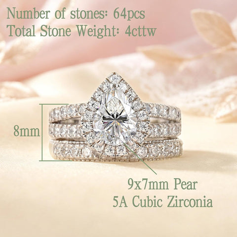 Wuziwen 4CT Sterling Silver Pear Shaped Wedding Ring Sets for Women