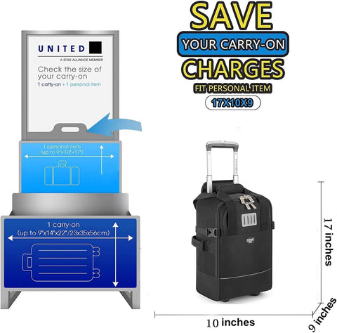 Boardingblue 17x10x9 Inches United Airlines Rolling Personal Item Under Seat Travel Bag Suitable For Major Airlines, Not Suitcase, Rolling Travel Bag Design (Black, 17x10x9 Inches)