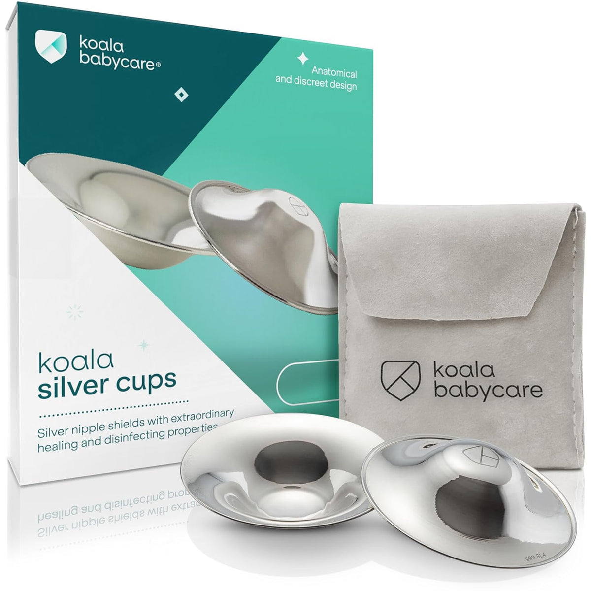 Koala Babycare The Original Silver Nursing Cups - Nipple Shields for Breastfeeding Newborn - Breastfeeding Essentials - Protect and Soothe - Tri-Laminate Silver - Maxi Size