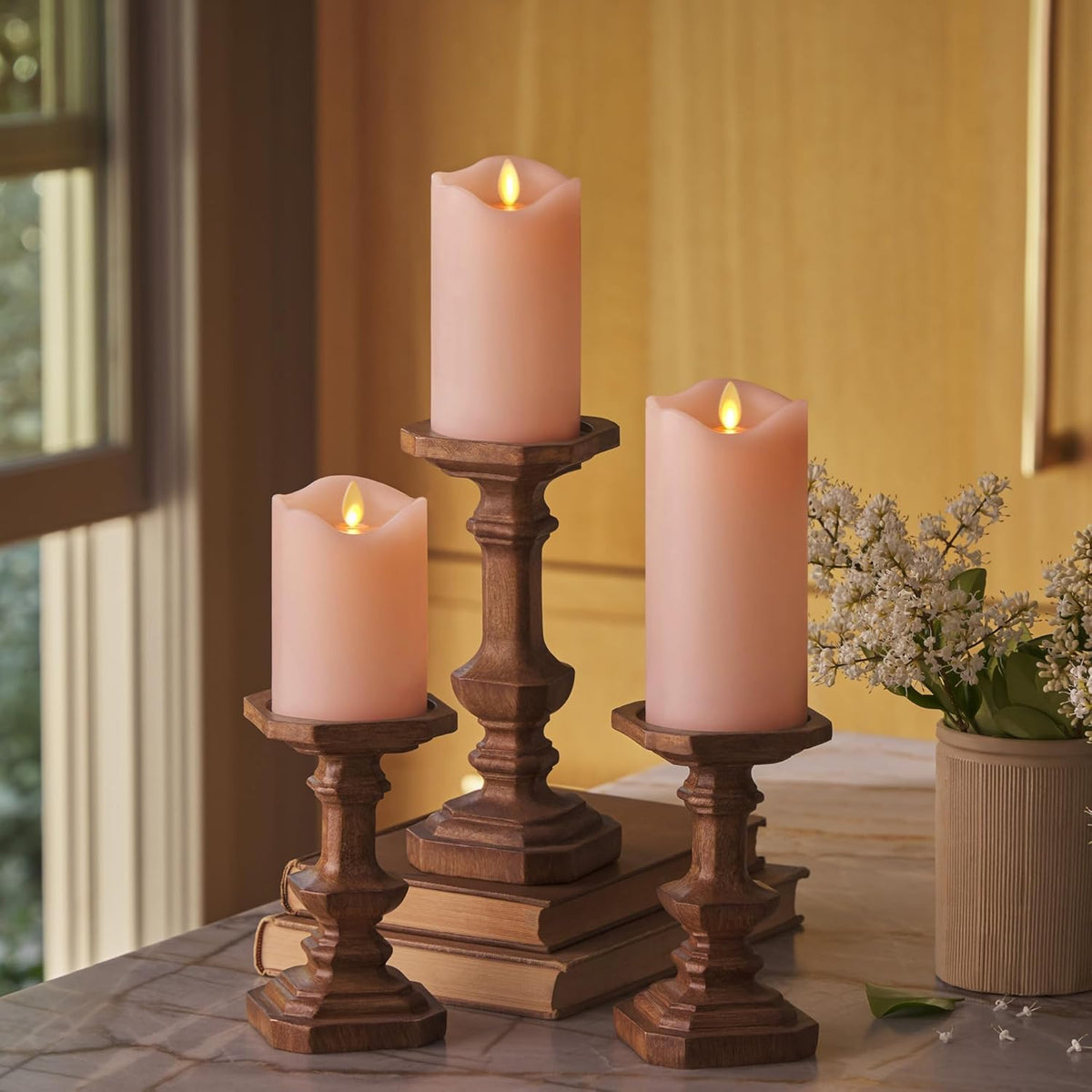 Matchless Candle Co. Flameless LED Battery Operated Flickering Pillar Candles - Pastel Pink - Set of 3 - Indoor Outdoor Decor Safe