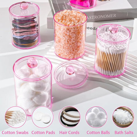 2 Pcs Acrylic Qtip Holder, Cotton Ball Holder Jars with Lids, Pink