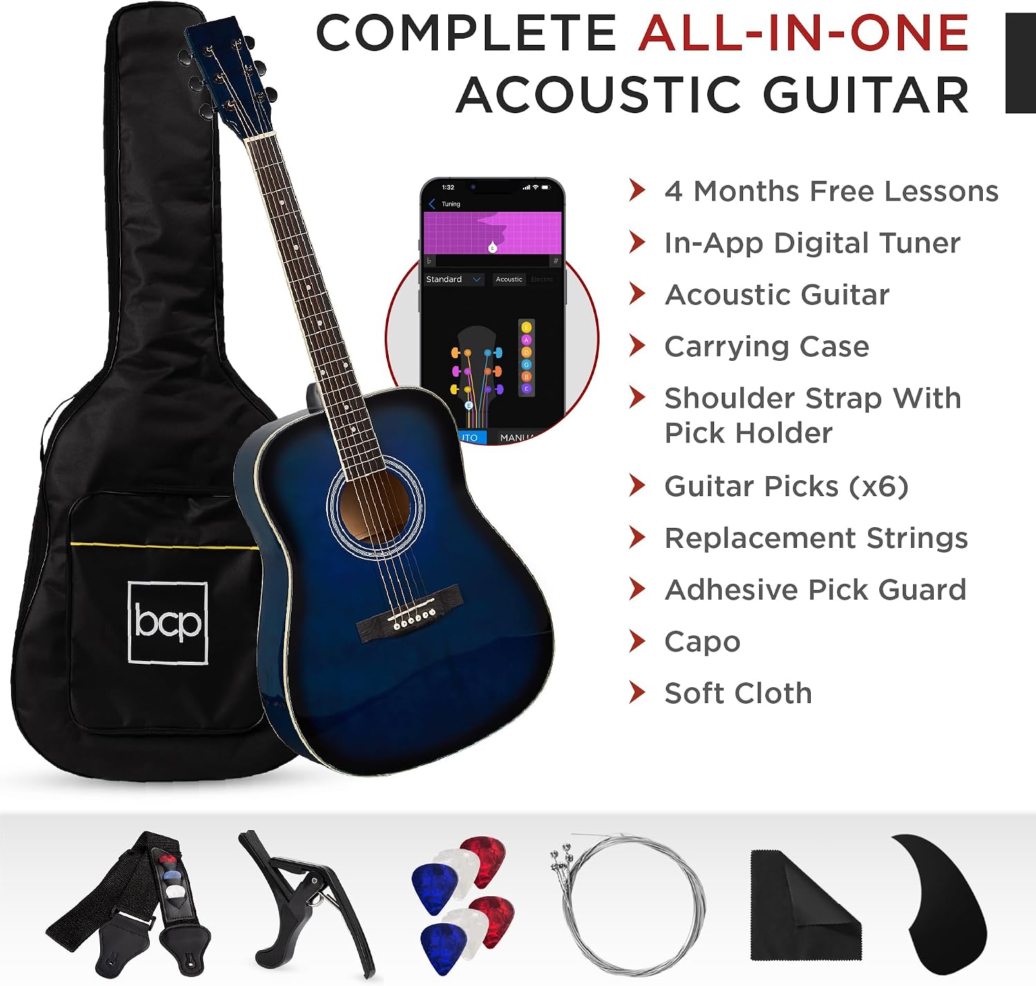 Best Choice Products 41in Full Size Beginner All Wood Acoustic Guitar Starter Set w/Gig Bag, Strap, Capo, Strings, Picks - Blue
