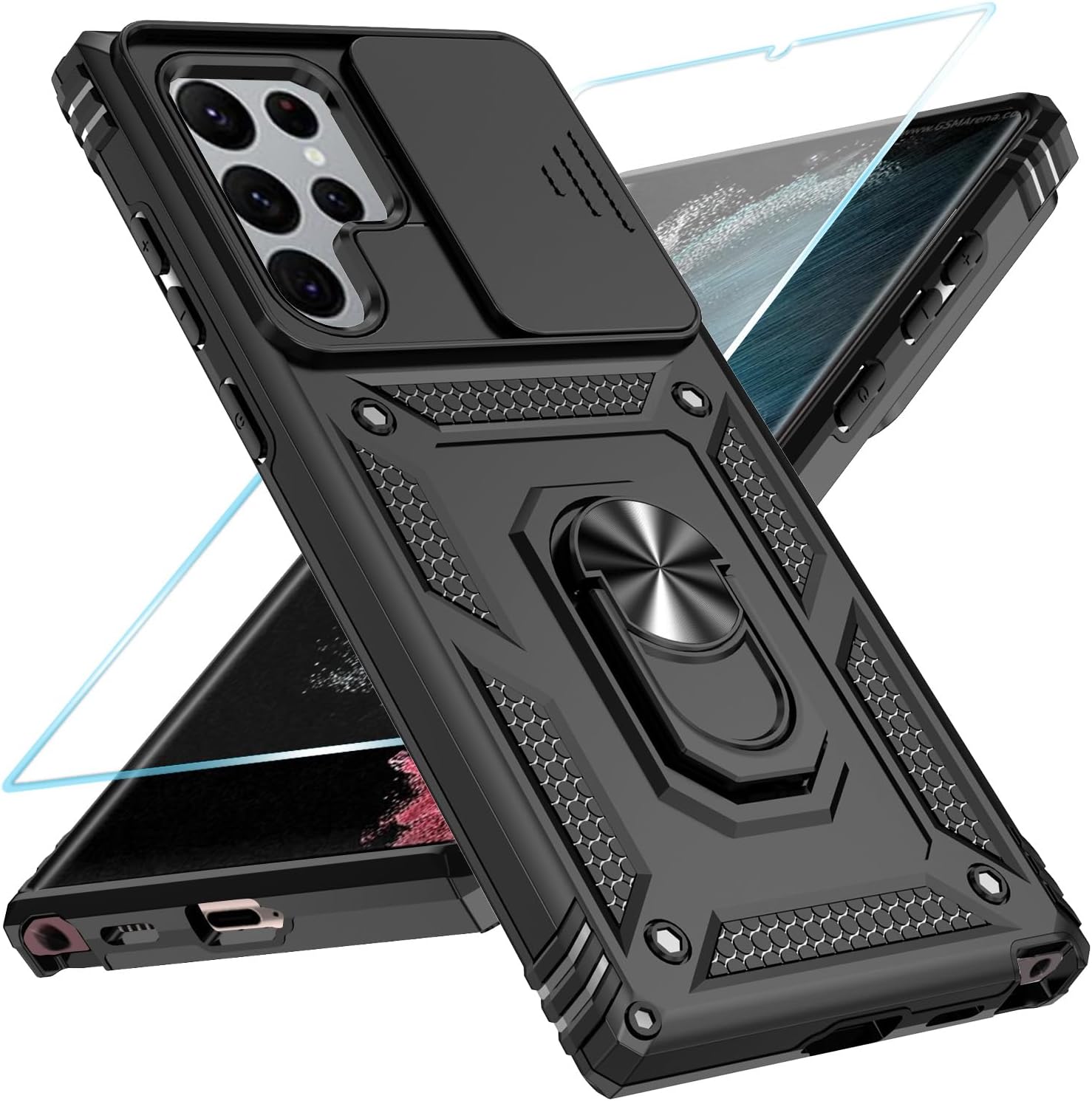 SunStory Phone Case for Samsung Galaxy S22 Ultra 5G Case with HD Screen Protector & Slide Camera Cover & Rotated Ring Kickstand, [Military-Grade] [2 in 1] Phone Case for Galaxy S22 Ultra 6.8",Black