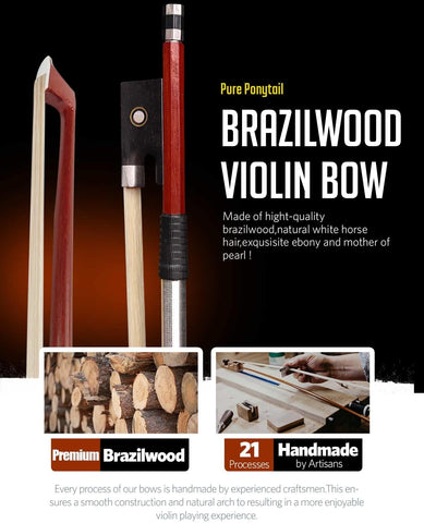 LMS Violin Bow Full Size 3/4 Brazilwood Violin Bows Lightweight Bow Well Balance Fiddle Bow Made with Ebony Frog Mongolian White Horse Hair for Violin Student Professional (3/4)