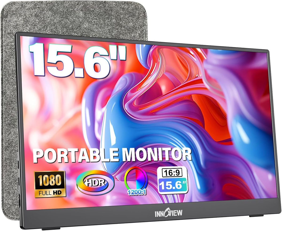 InnoView Portable Monitor 15.6" 1080P for Laptop with Protective Sleeve, Built-in 90° Adjustable Stand USB C HDMI Ultra-Slim Portable Laptop Monitor for MacBook Phone PS Xbox Switch