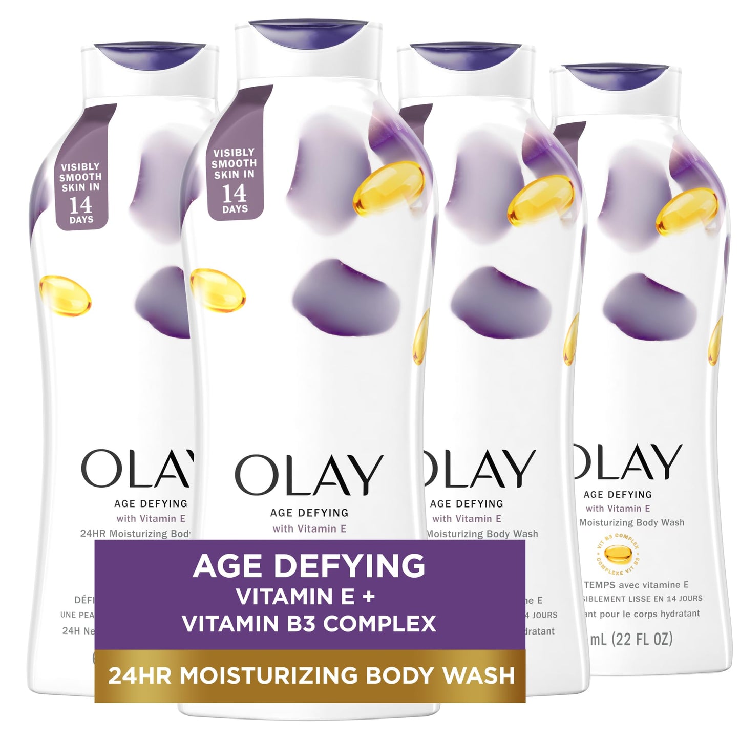 Olay Age Defying Body Wash for Women with Vitamin E, 24hr Moisturizing, 22 fl oz (Pack of 4)