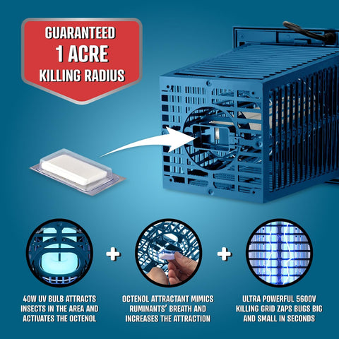 Flowtron Electric Bug Zapper, 1 Acre Outdoor, 40W UV, 5600V Zap, Blue