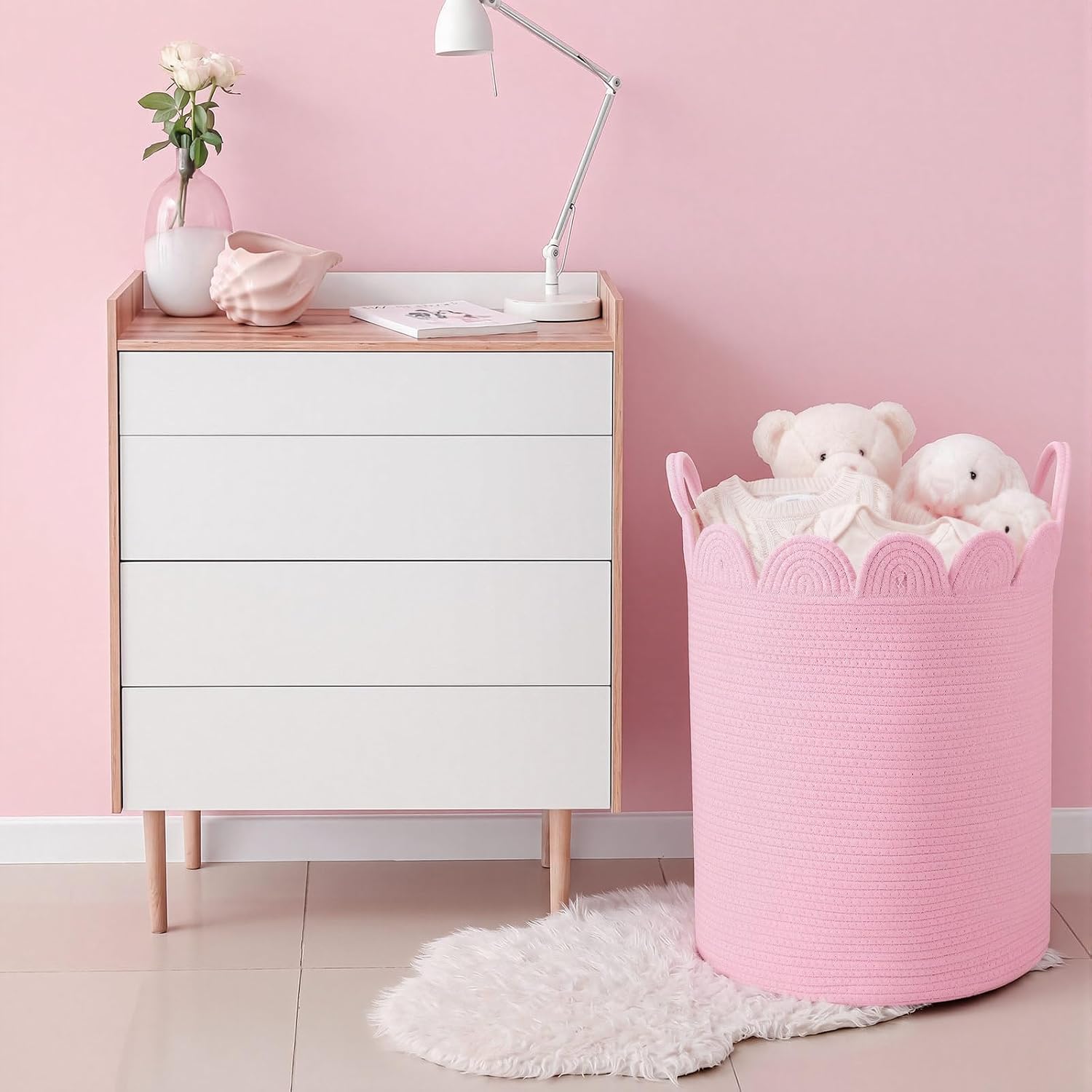 LemonRoad Pink Round Storage Basket Scalloped Cotton Rope Basket 15''x20''