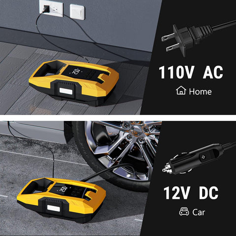 CARSUN AC/DC Tire Inflator Portable Air Compressor, Dual Power for Home 110V AC and Car 12V DC Air Pump with Pressure Gauge, Auto Shutoff, Tire Pump for Car Motorcycle Bicycle and Other Inflatables
