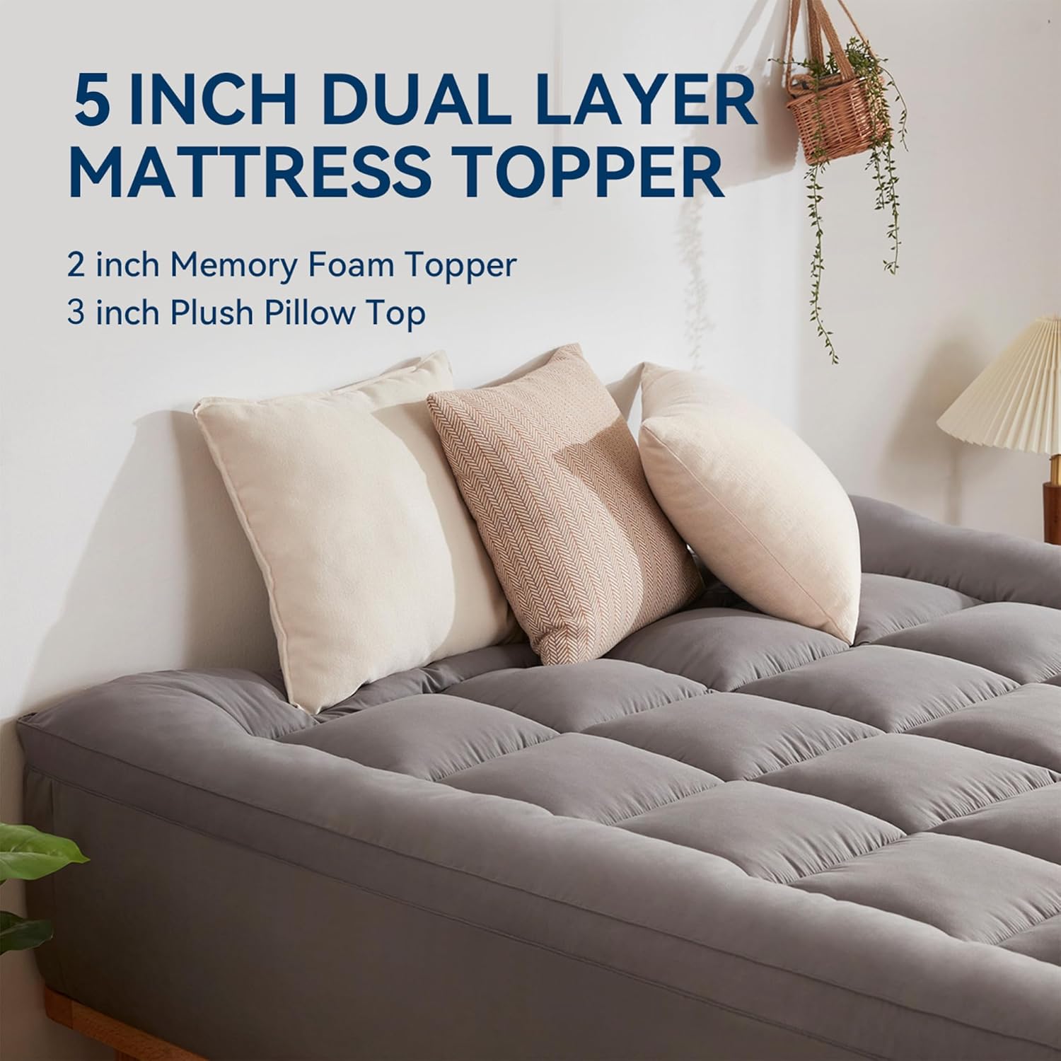 BDEUS Dual Layer 5 Inch Memory Foam Mattress Topper California King Size, 2 Inch Gel Memory Foam Plus 3 Inch 1450 GSM Down Alternative Quilted Pillow Top Mattress Pad Cover,Dark Gray