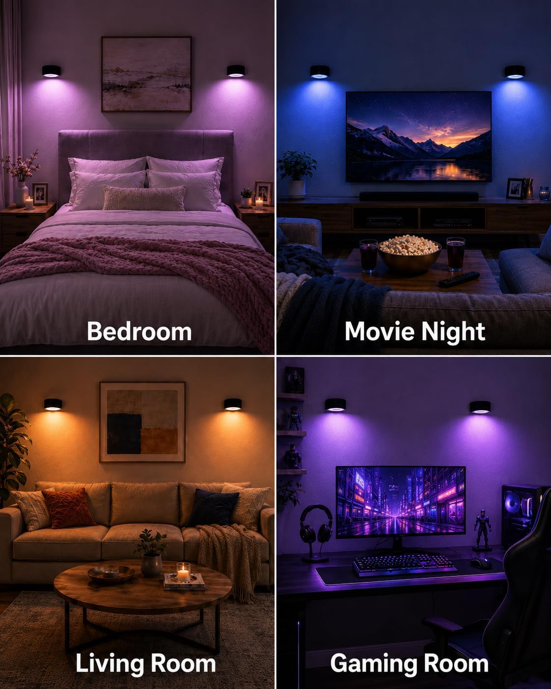 LED Wall Mounted Lights, Rechargeable Wall Sconces, 3 Color Temps, Remote & Touch, 360° Rotating and Dimmable for Bedroom, Bedside & Reading (Black-RGB, 2 Pack)