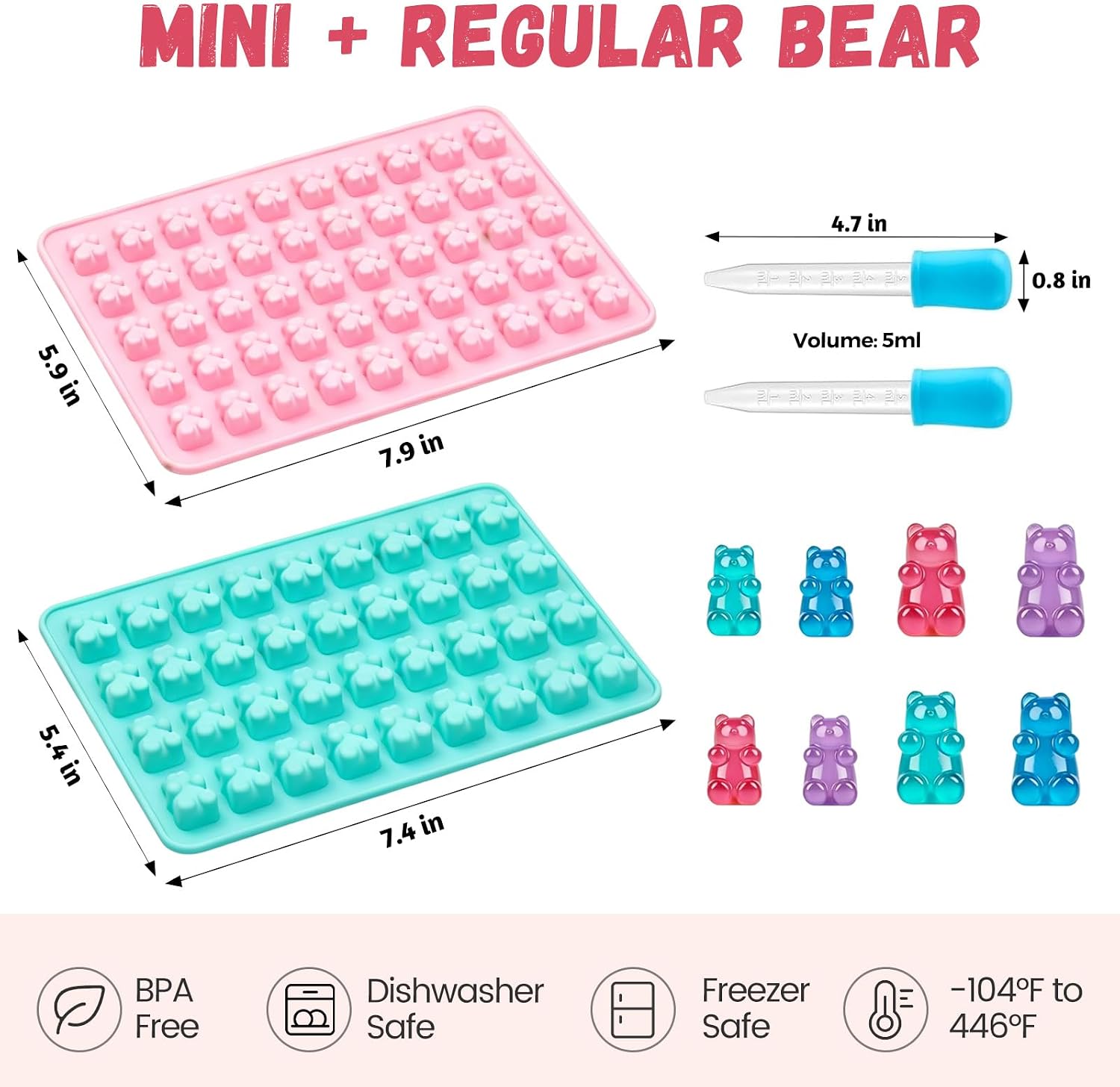 Gummy Bear Mold 4Pcs Medium & Mini, Gummy Candy Molds with 2 Droppers