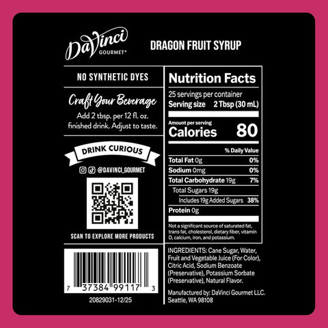 DaVinci Gourmet Dragon Fruit Syrup, 25.4 Fluid Ounces (Pack of 1)