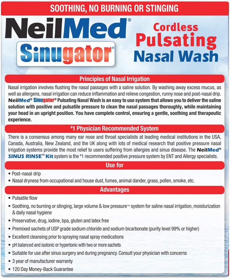 NeilMed Sinugator Cordless Pulsating Nasal Wash Kit with One Irrigator, 30 Premixed Packets and 3 AA Batteries(Pack of 1)