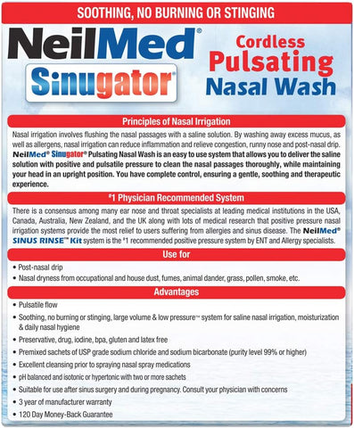 NeilMed Sinugator Cordless Pulsating Nasal Wash Kit with One Irrigator, 30 Premixed Packets and 3 AA Batteries(Pack of 1)