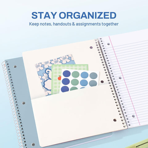 SUNEE Spiral Notebook, 1-Subject, College Ruled Paper, 8" x 10-1/2", 100 Sheets per Notebook, 3-Hole Punched Paper, Water Resistant Cover, Double-sided Pockets, Grey Blue