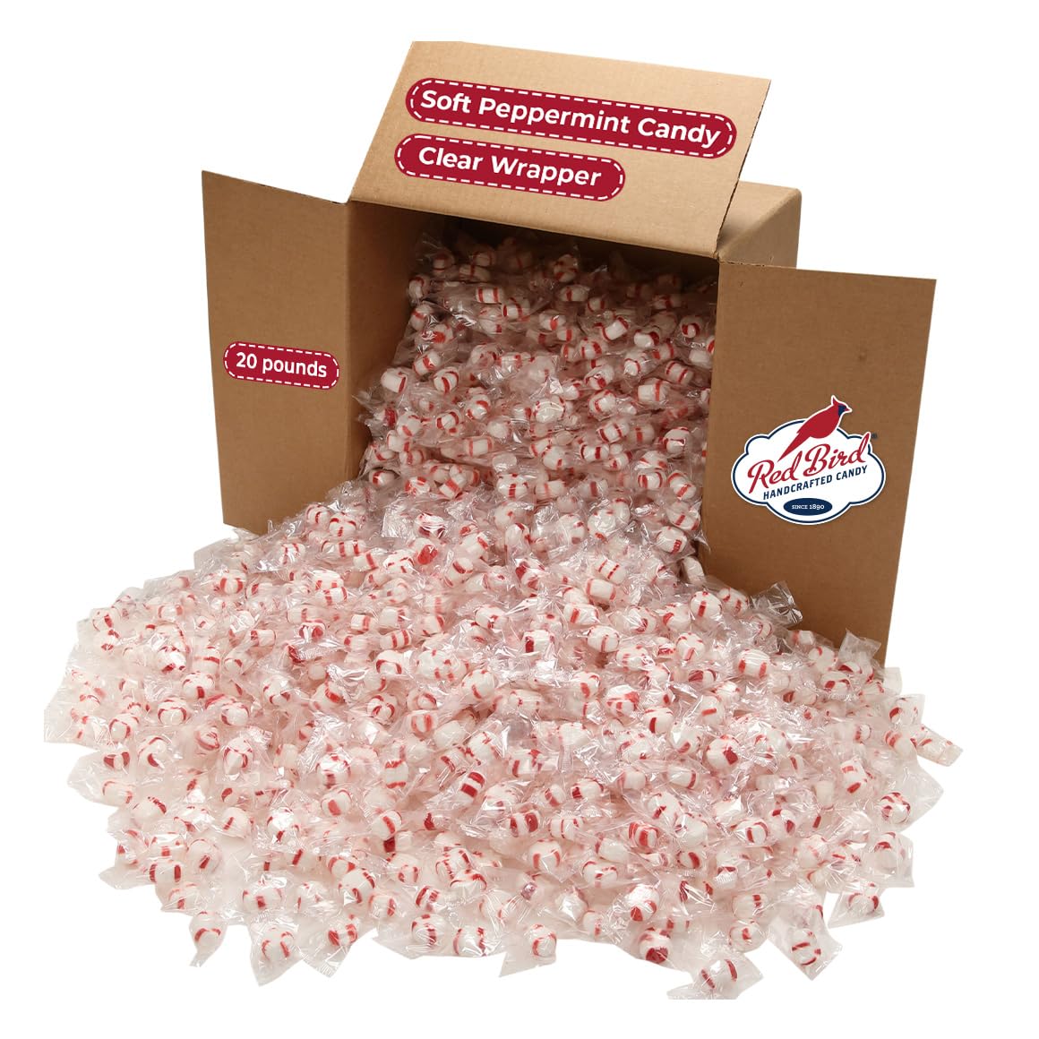 Red Bird Soft Peppermint Puffs Bulk Case, 20 lb Individually Wrapped Mints in Clear Wrapper (Red Stripes Visible), Soft Candy for Offices, Receptions, Restaurants, Made in USA Since 1890