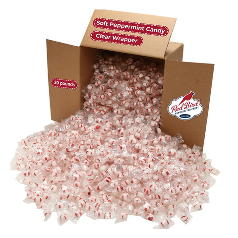 Red Bird Soft Peppermint Puffs Bulk Case, 20 lb Individually Wrapped Mints in Clear Wrapper (Red Stripes Visible), Soft Candy for Offices, Receptions, Restaurants, Made in USA Since 1890