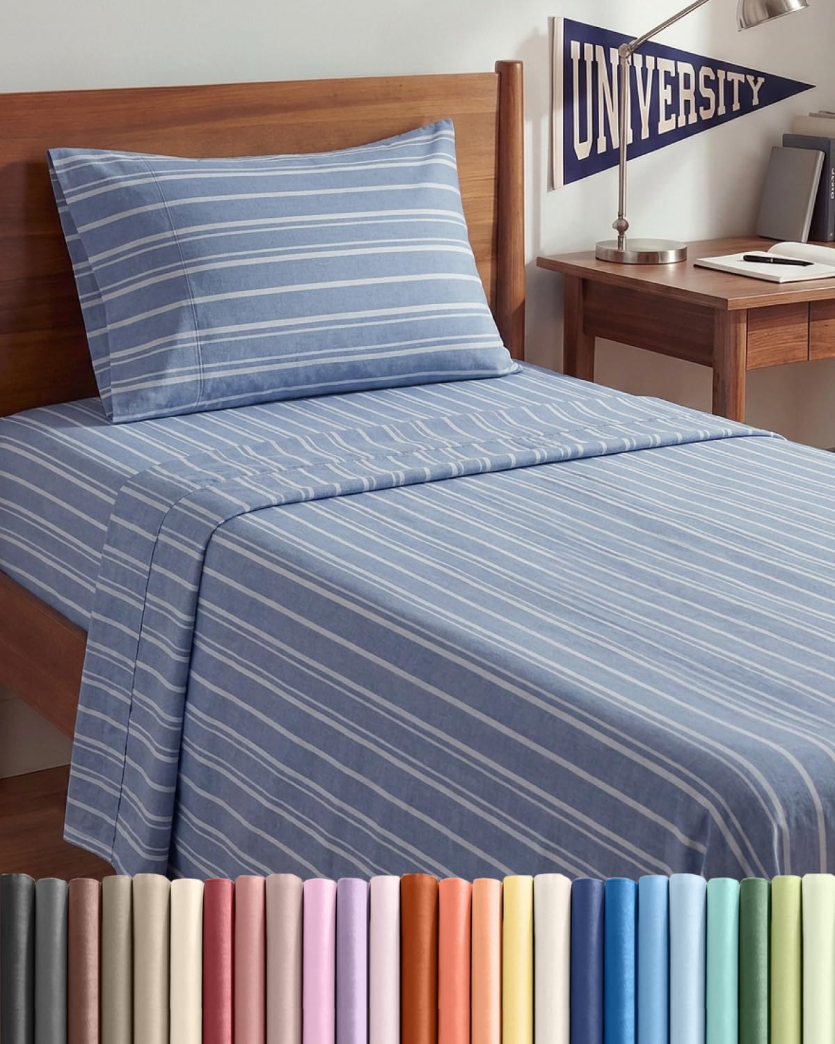 Twin XL 3 Piece Sheet Set - College Dorm Room Essentials - Blue Stripes