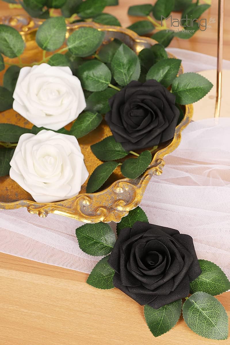 30PCS Black and White Artificial Roses with Stems, Real Touch Foam Flowers
