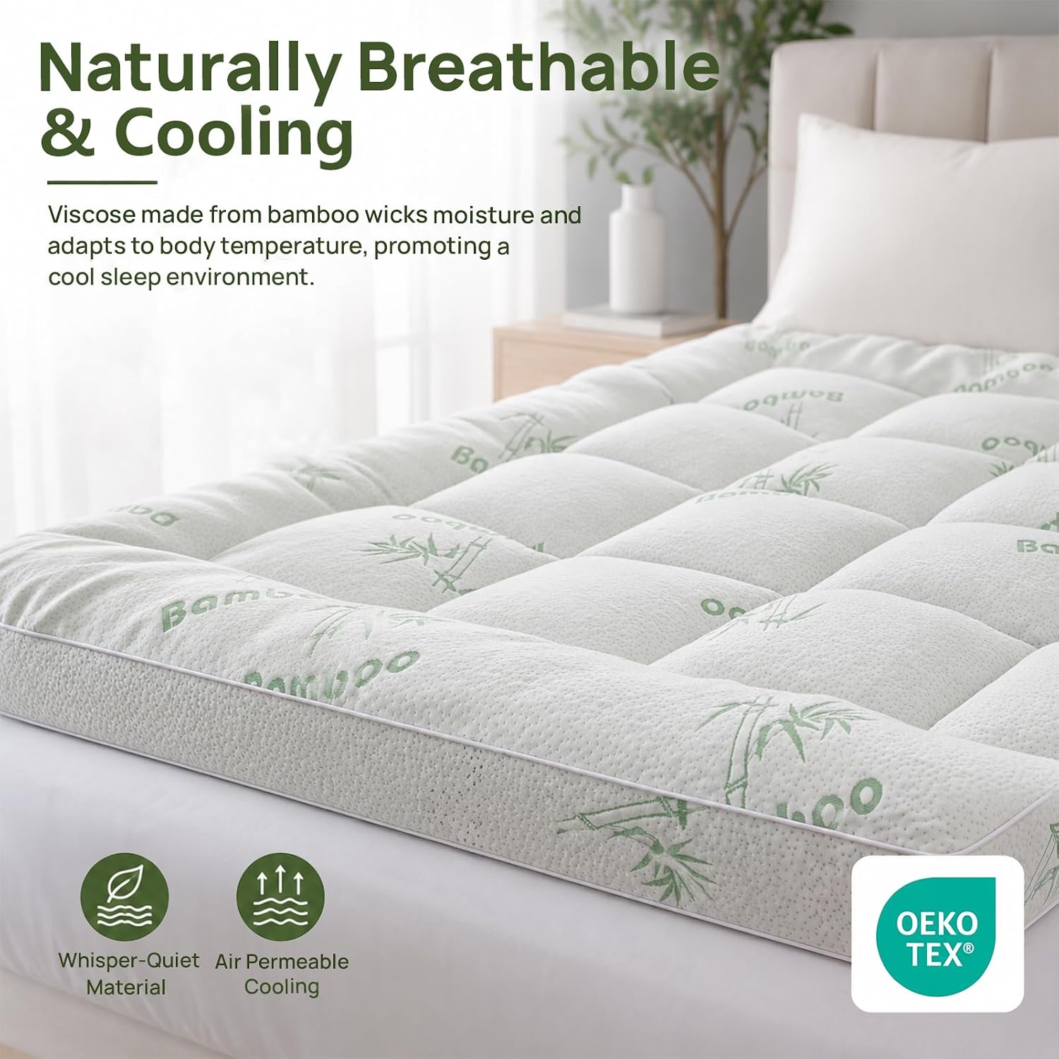 Queen Mattress Topper, 1200 GSM Viscose Derived from Bamboo Pillow-Top