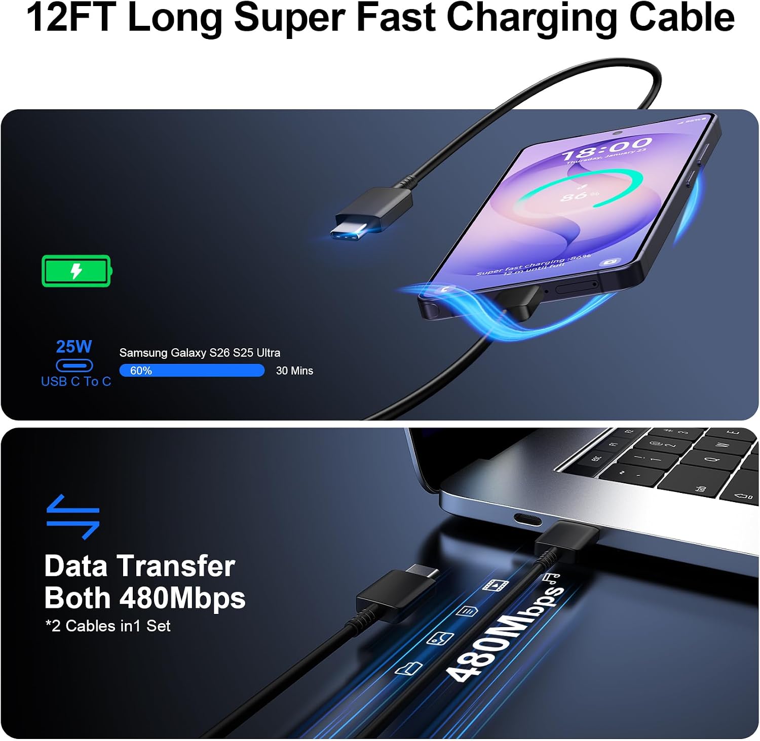 Super Fast Charger Type C, 25W USB C Wall Charger Fast Charging for Samsung Galaxy S26 Ultra/S26/S26+/S25 Ultra/S25/24 Ultra/S24/S23 Ultra/S22 Ultra with 12FT Long Android Type C Charger Cable 2Pack