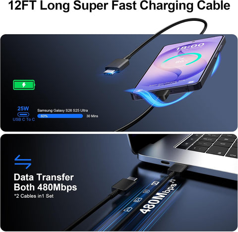Super Fast Charger Type C, 25W USB C Wall Charger Fast Charging for Samsung Galaxy S26 Ultra/S26/S26+/S25 Ultra/S25/24 Ultra/S24/S23 Ultra/S22 Ultra with 12FT Long Android Type C Charger Cable 2Pack