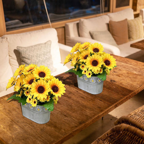 Artificial Flowers Fake Sunflowers in Pot, Faux Silk Flowers Floral Table Centerpiece Decoration, Rustic Potted Greenery for Farmhouse Home Décor