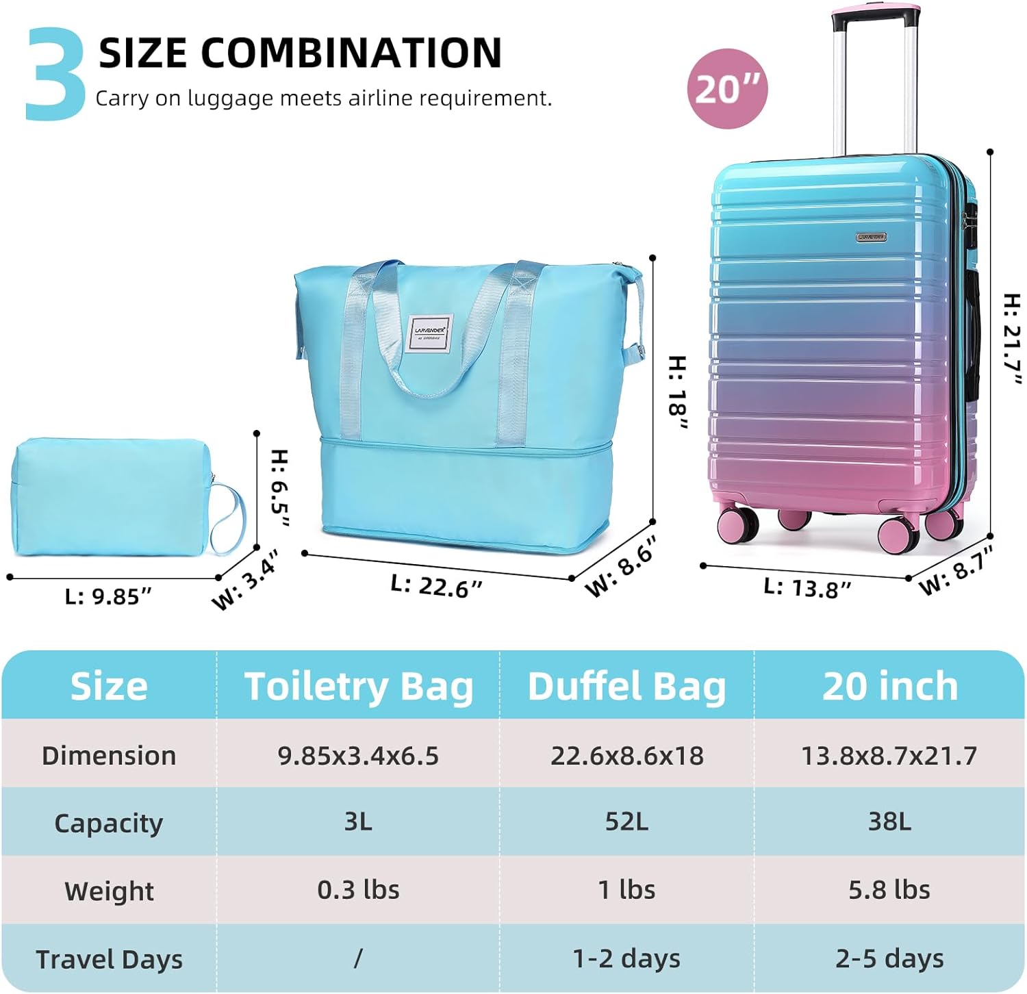 LARVENDER Carry on Luggage Sets 3 Piece, 20inch Suitcase Set, Cotton Candy